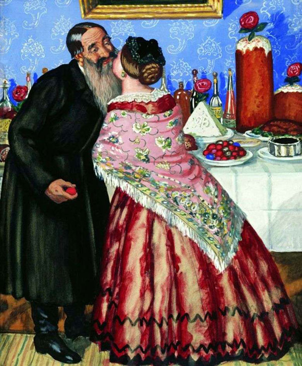 «Пасхальный обряд», 1916 г., Борис Кустодиев. Крашеные яйца, творожная пасха и кулич - символы Воскресения Господня