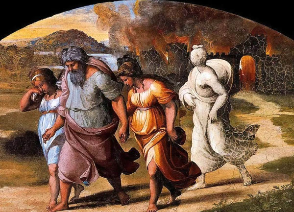«Бегство семейства Лота из Содома», 1517 - 1519 гг., Рафаэль Санти. Жена старика, спасшегося с дочерьми, обернулась посмотреть на разрушение города и превратилась в соляной столб