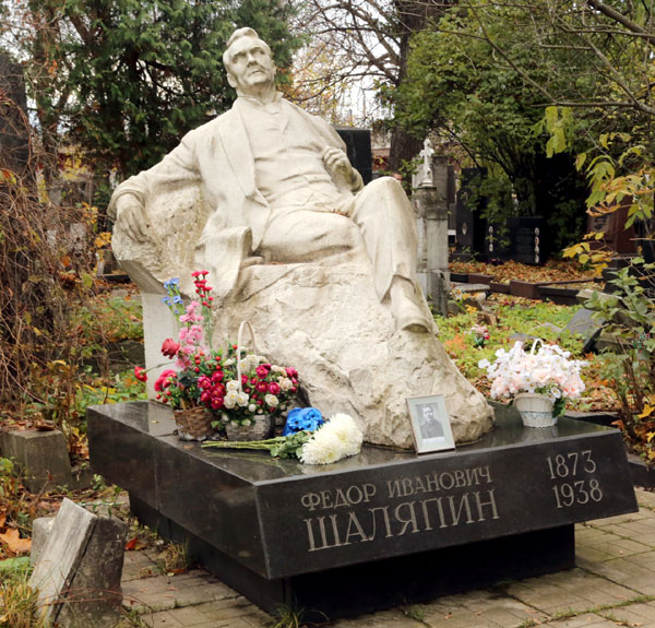 Осенью 1984-го прах Шаляпина с парижского кладбища Батиньоль перевезли в Москву и захоронили на Новодевичьем кл. (уч. 4, ряд 49). Через два года открыли мраморный памятник на постаменте из полированного гранита. Скульптор Елецкий лепил фигуру с портрета, написанного Коровиным в 1911 году