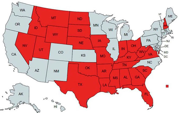 Красным обозначены штаты, поддержавшие Техас. Как видите – это полстраны